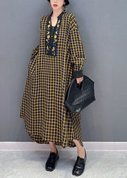 Simple Yellow Oversized Plaid Cotton Long Dresses Spring