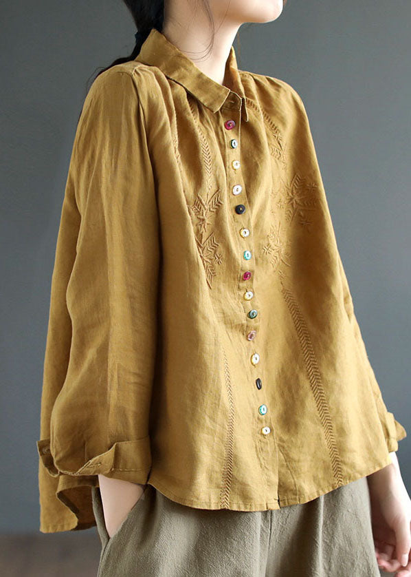 Simple Yellow Peter Pan Collar Embroideried Linen Shirt Spring