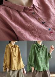 Simple Yellow Peter Pan Collar Embroideried Linen Shirt Spring