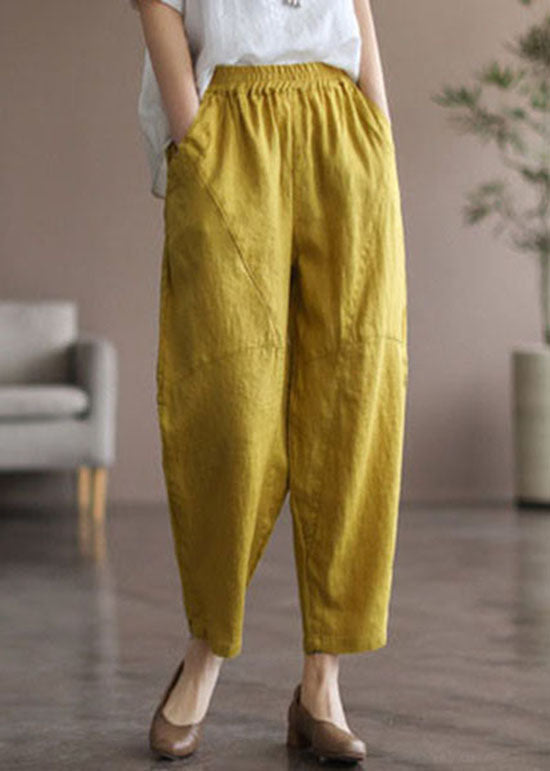 Simple Yellow Pockets Patchwork Linen Crop Pants Summer