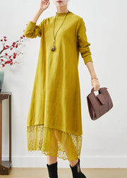 Simple Yellow Stand Collar Lace Patchwork Knit Long Dress Fall