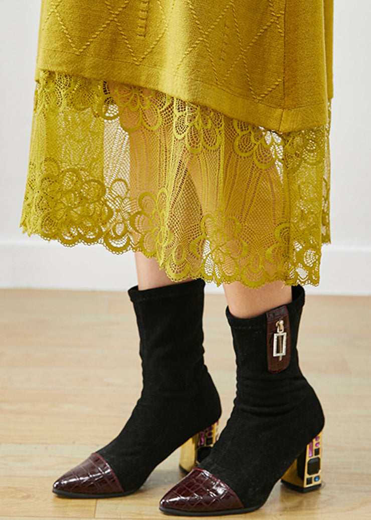 Simple Yellow Stand Collar Lace Patchwork Knit Long Dress Fall