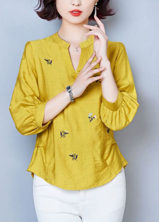 Simple Yellow V Neck Embroideried Patchwork Cotton Tops Summer