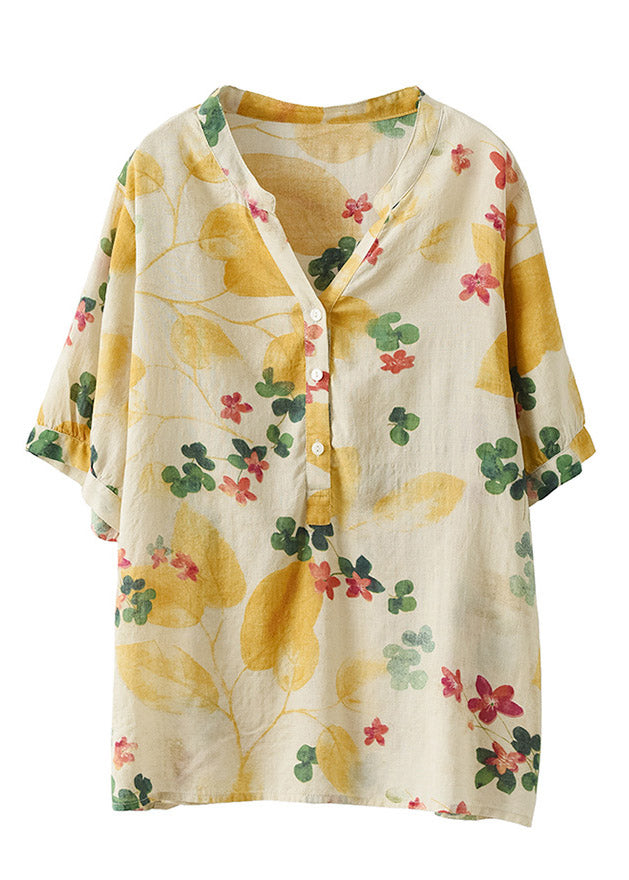 Simple Yellow V Neck Print Cotton Top Half Sleeve