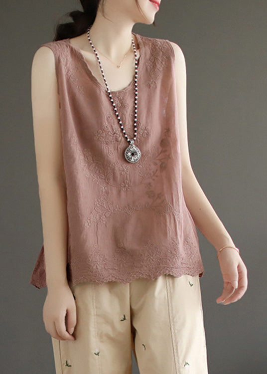 Skin Pink Embroideried Solid Cotton Vest Sleeveless