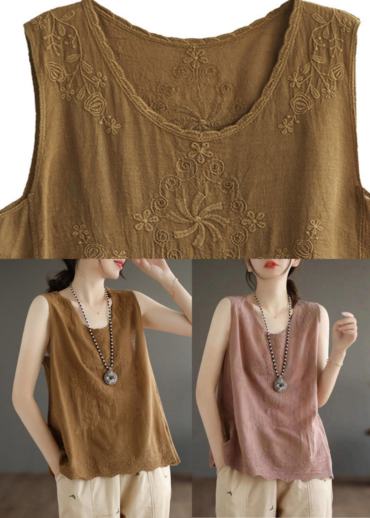 Skin Pink Embroideried Solid Cotton Vest Sleeveless