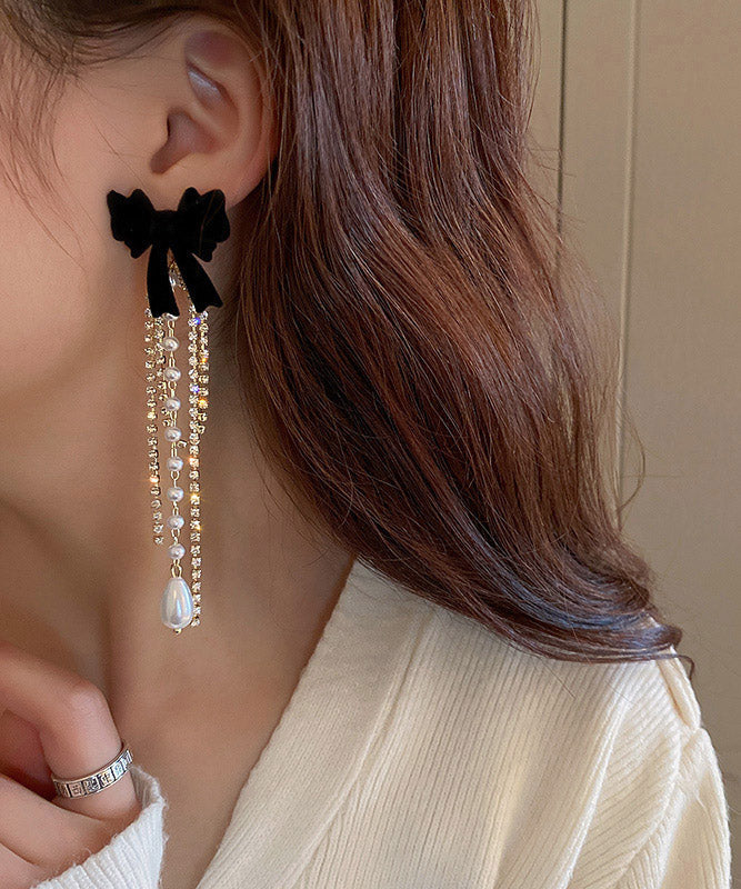 Skinny Black Flocking Overgild Zircon Pearl Bow Tassel Drop Earrings