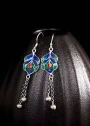 Skinny Blue Green Sterling Silver Cloisonne Gem Stone Tassel Drop Earrings