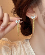 Skinny Gold Alloy Zircon Bow Tassel Drop Earrings