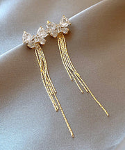 Skinny Gold Alloy Zircon Bow Tassel Drop Earrings