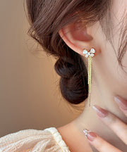 Skinny Gold Alloy Zircon Bow Tassel Drop Earrings