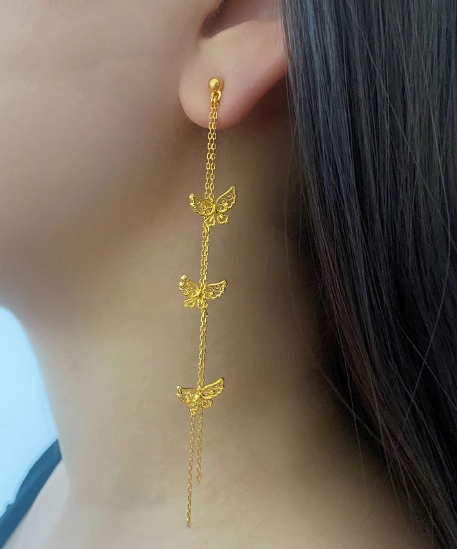 Skinny Gold Ancient Gold Butterfly Tassel Drop Earrings