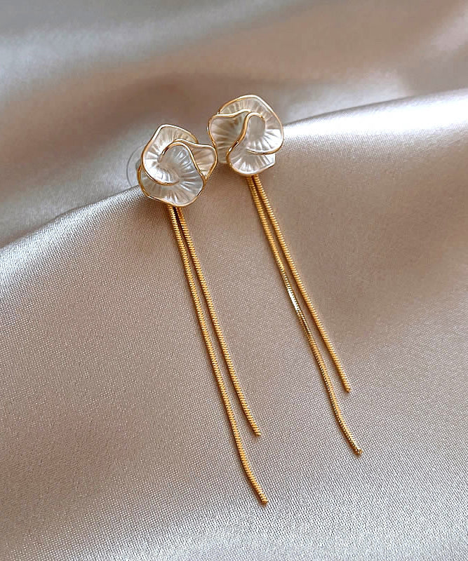 Skinny Gold Copper Alloy Camellia Tassel Drop Earrings