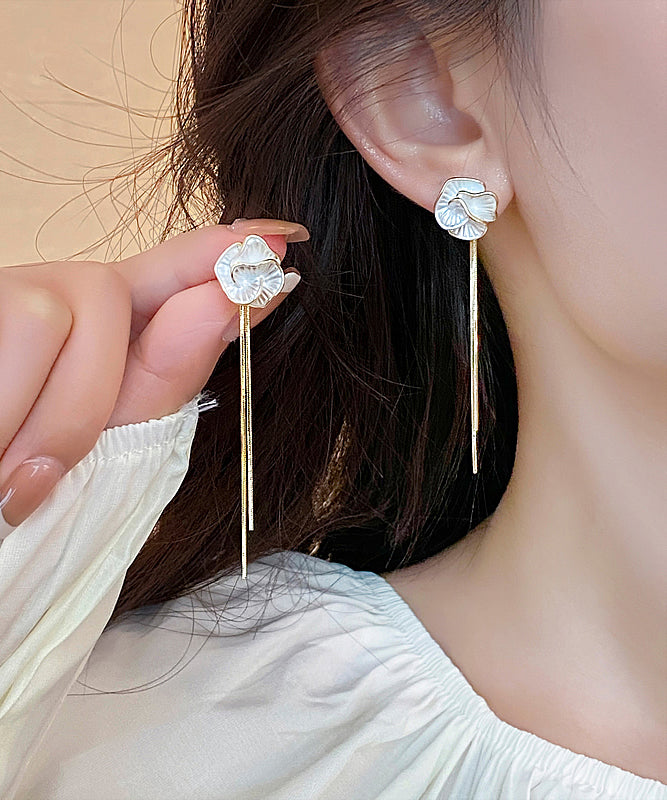 Skinny Gold Copper Alloy Camellia Tassel Drop Earrings