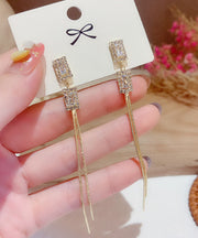 Skinny Gold Copper Alloy Inlaid Zircon Geometric Blocks Tassel Drop Earrings