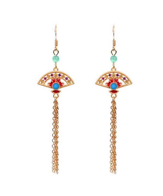 Skinny Gold Copper Overgild Fan Shaped Chalcedony Tassel Drop Earrings