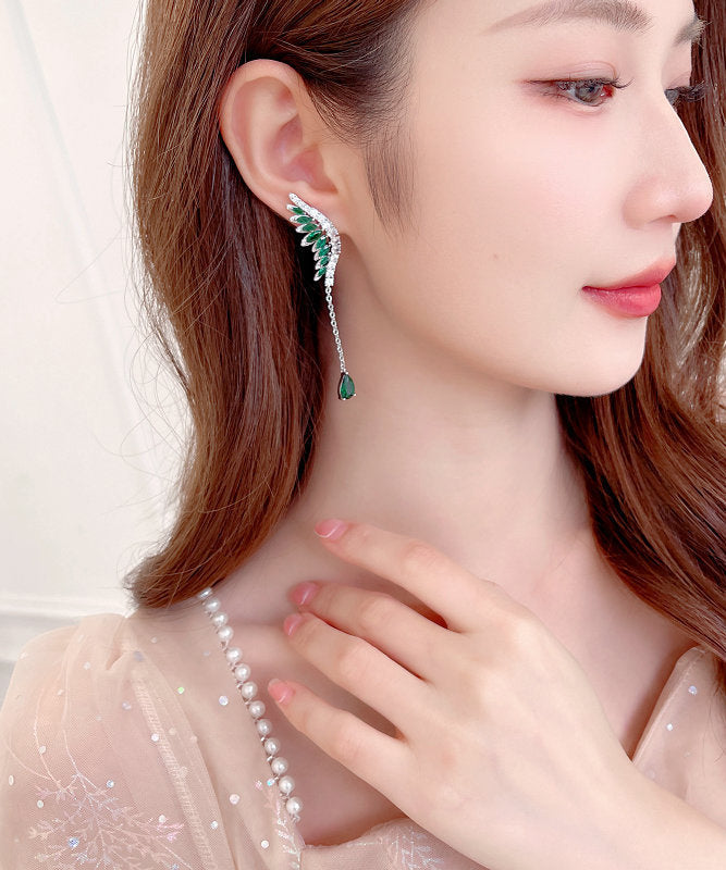 Skinny Green Copper Inlaid Zircon Crystal Wing Tassel Drop Earrings