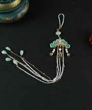 Skinny Green Sterling Silver Alloy Jade Pearl Ping Buckle Tassel Brooches