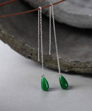 Skinny Green Sterling Silver Dry Green Jade Water Drop Tassel Drop Earrings