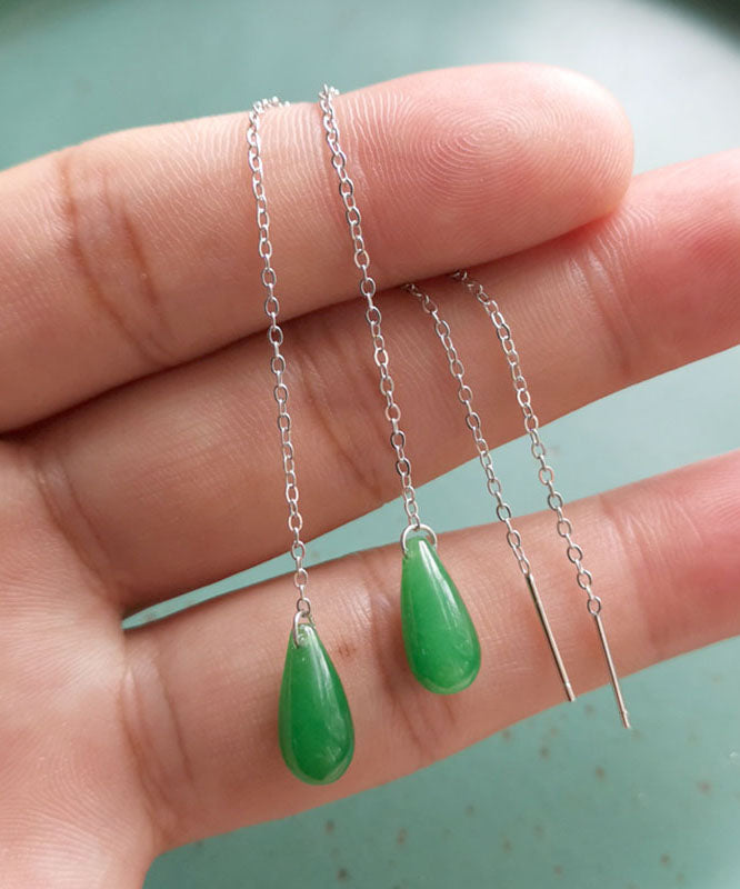 Skinny Green Sterling Silver Dry Green Jade Water Drop Tassel Drop Earrings