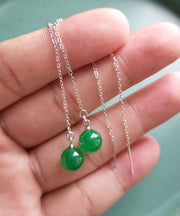 Skinny Green Sterling Silver Dry Green Jade Water Drop Tassel Drop Earrings