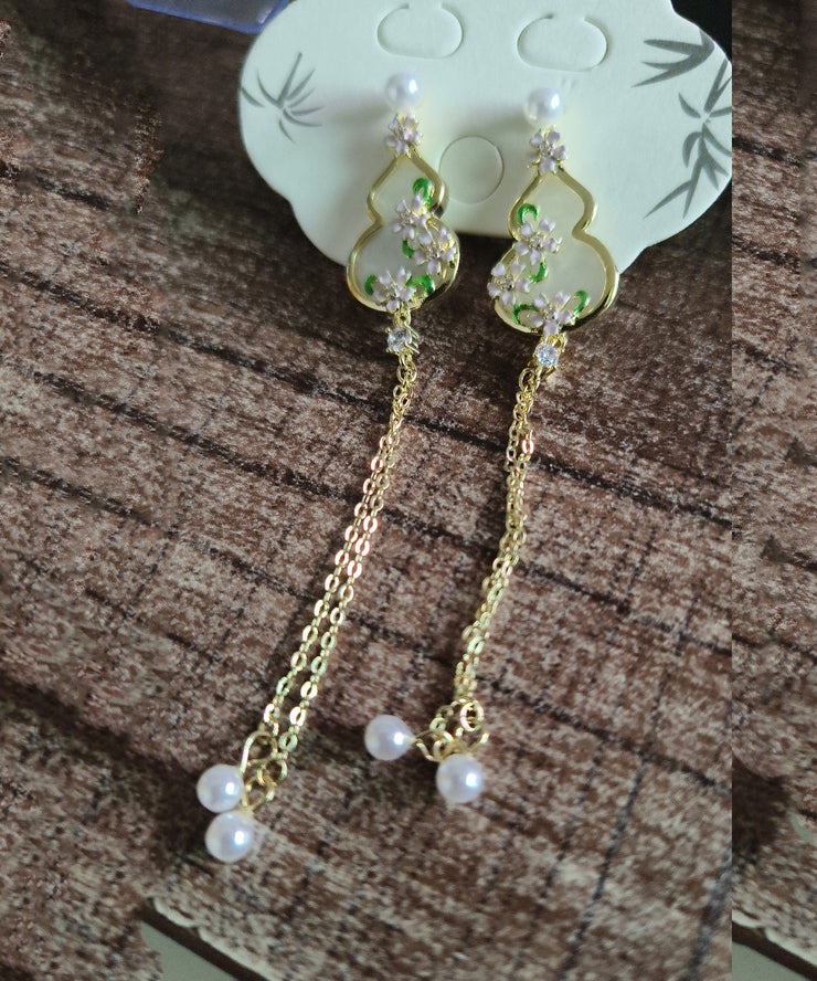 Skinny Green Sterling Silver Overgild Pearl Plum Blossom Gourd Tassel Drop Earrings