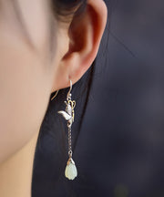 Skinny Light Green Sterling Silver Jade Butterfly Lotus Drop Earrings