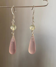 Skinny Pink Sterling Silver Drip Chalcedony Jade Drop Earrings