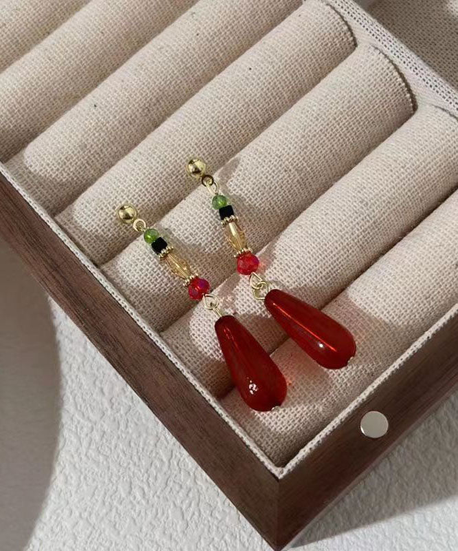 Skinny Red Sterling Silver Alloy Resin Water Drop Drop Earrings