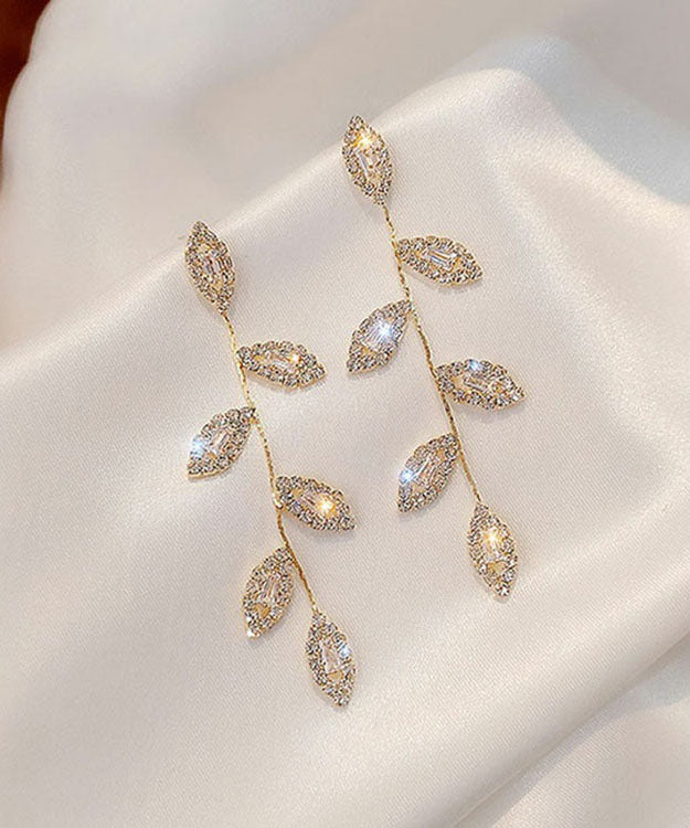 Skinny Silk Sterling Silver Zircon Leaves Tassel Drop Earrings