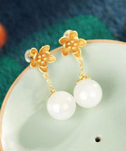 Skinny White Ancient Gold Jade Floral Drop Earrings