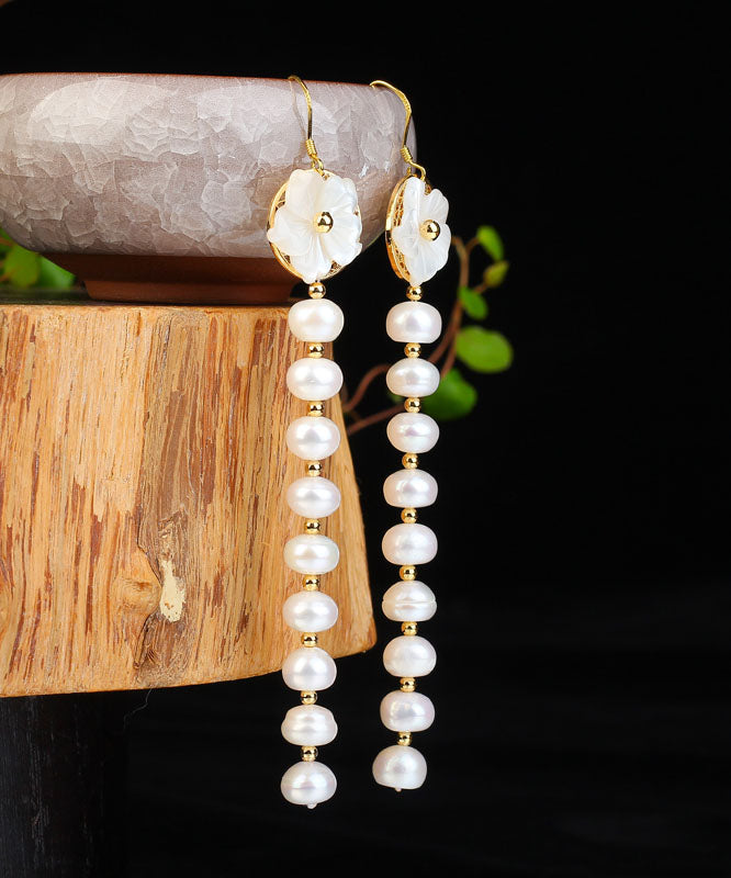 Skinny White Sterling Silver Overgild Pearl Shell Flower Tassel Drop Earrings