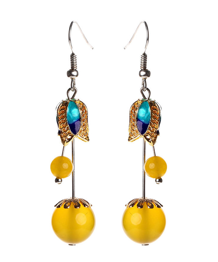 Skinny Yellow Jade Cloisonne Floral Drop Earrings