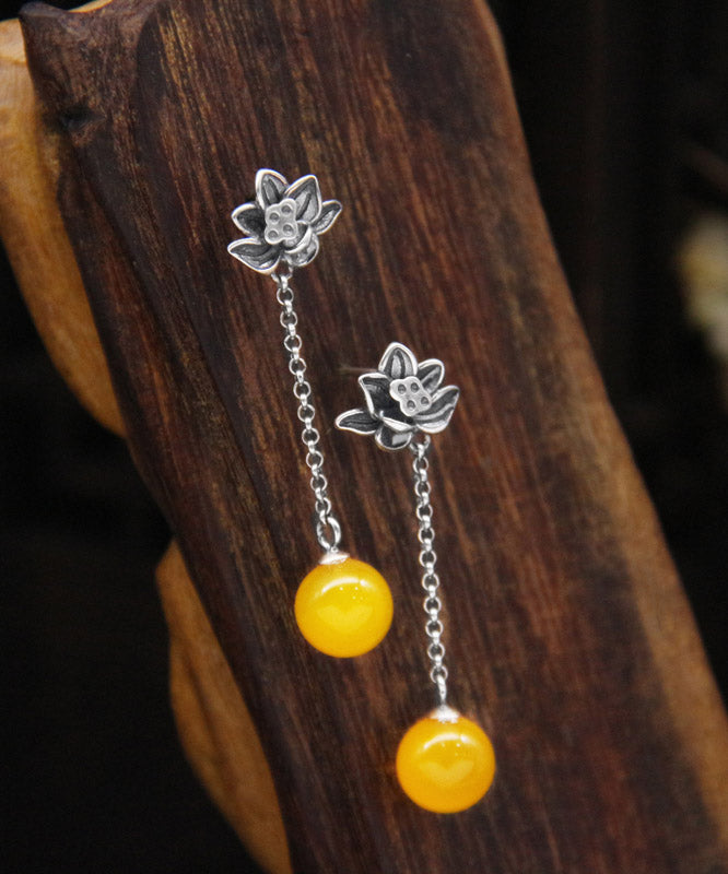 Skinny Yellow Sterling Silver Chalcedony Lotus Drop Earrings