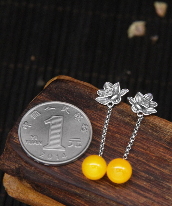 Skinny Yellow Sterling Silver Chalcedony Lotus Drop Earrings