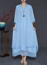 Sky Blue Chiffon Two Piece Set Women Clothing Embroidered Summer