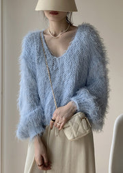 Sky Blue Hollow Ou Knit Sweater V Neck Batwing Sleeve