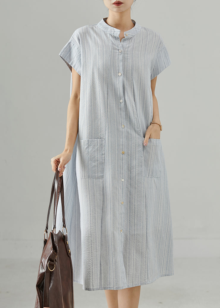 Sky Blue Striped Cotton Shirt Dress Pockets Summer