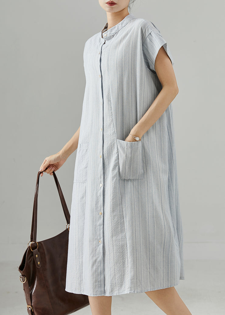 Sky Blue Striped Cotton Shirt Dress Pockets Summer