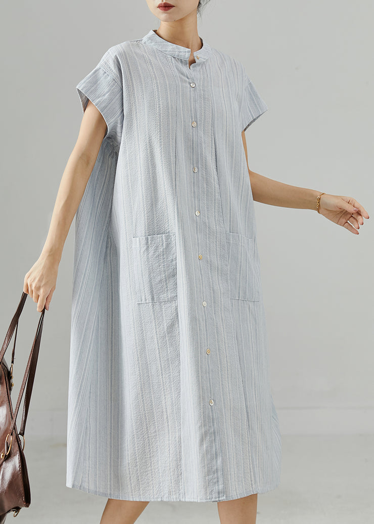 Sky Blue Striped Cotton Shirt Dress Pockets Summer