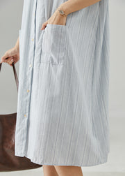 Sky Blue Striped Cotton Shirt Dress Pockets Summer