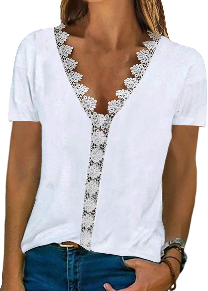 Sleeve Comfortable Casual Lace V-Neck Print T Shirt Women White