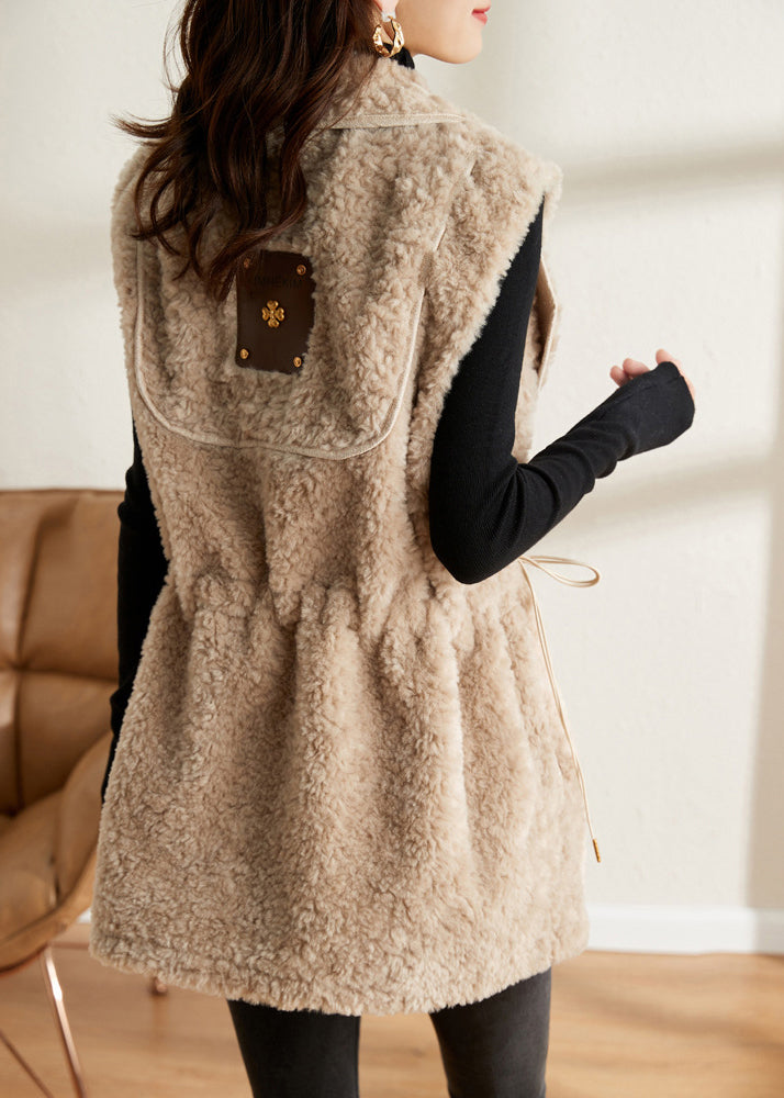 Slim Fit Beige Notched Patchwork Button Thick Faux Fur Waistcoat Fall