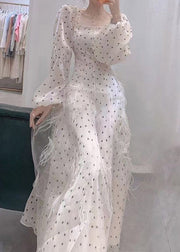 Slim Fit Beige Square Collar Dot Tulle Long Dresses Spring