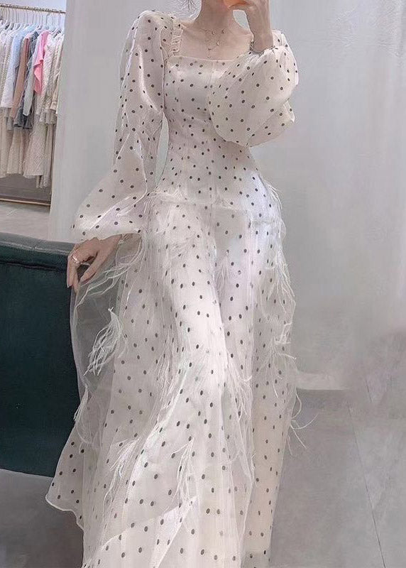 Slim Fit Beige Square Collar Dot Tulle Long Dresses Spring