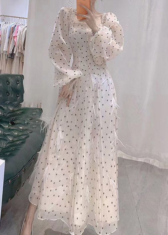 Slim Fit Beige Square Collar Dot Tulle Long Dresses Spring