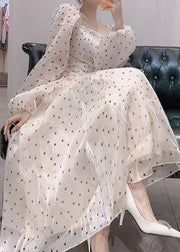 Slim Fit Beige Square Collar Dot Tulle Long Dresses Spring