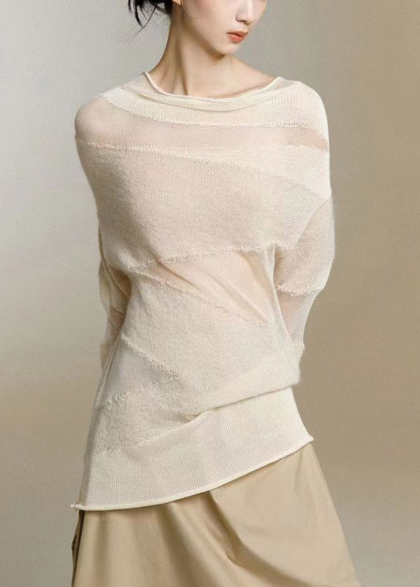 Slim Fit Beige Turtleneck Tulle Patchwork Thin Knit Top Fall