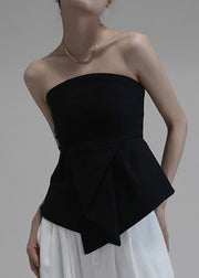 Slim Fit Black Asymmetrical Cold Shoulder Cotton Chest Wrapping Top Sleeveless