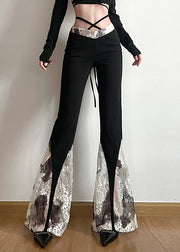 Slim Fit Black High Waist Lace Patchwork Flare Bottoms Fall